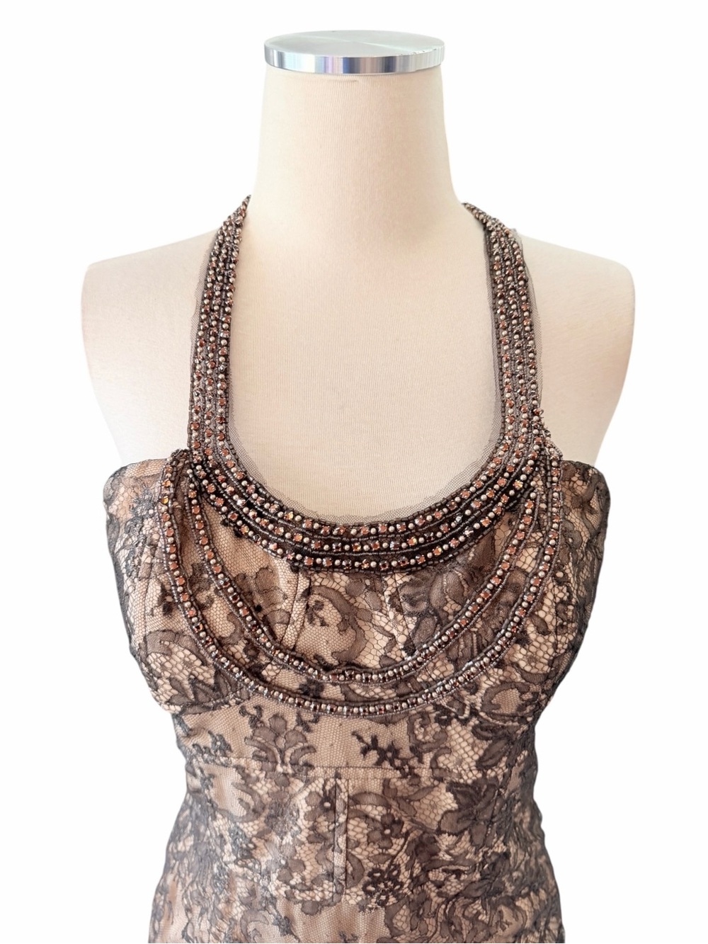 Lela Rose Blush and Brown Beaded Halter Lace Midi Dress Sz 6 - Picture 4 of 12